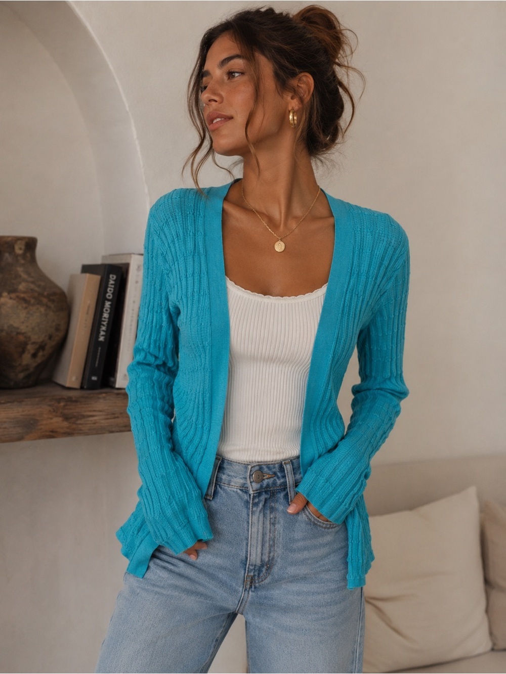 M Missoni Textured Ribbed Open Front Cardigan Longline Light Blue Size 40 Cotton